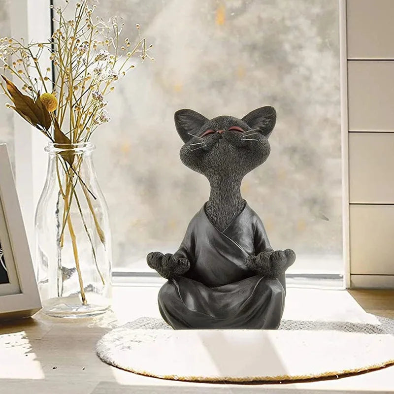 Meditation Cat Sculpture Home Decorations Resin Black Yoga Sitting Zen Cat Black Buddha Ornament Outdoor Garden Figurines