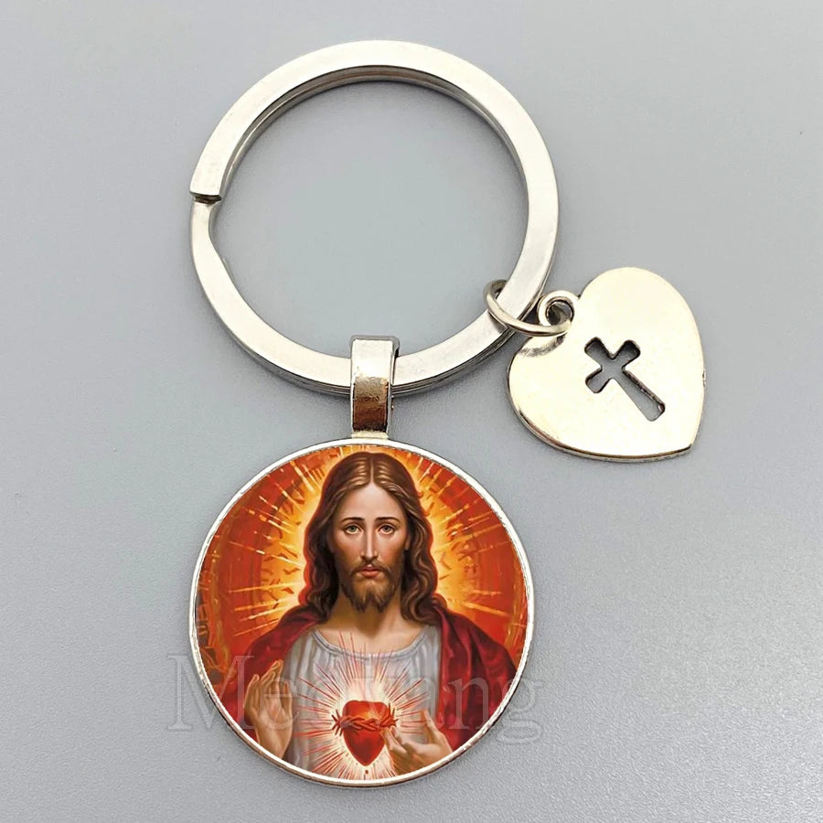 Jesus Sacred Heart Keychain Virgin Mary Glass Dome Key chain Catholic Men's and Women's Jewelry Gifts