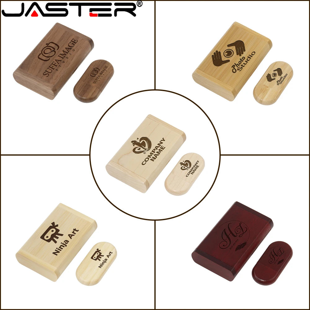 JASTER Wooden USB 2.0 Flash Drive 128GB 1PCS Free custom logo Pen drive with box 64GB 32GB 16GB Memory Stick wedding Gift U disk