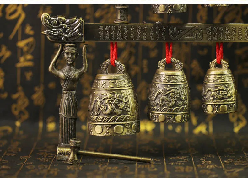 Chinese Old Meditation Gong with 7 Ornate Bell with Dragon Design Chinese Musical Instrument Bronze Metal Handicraft Home Decor
