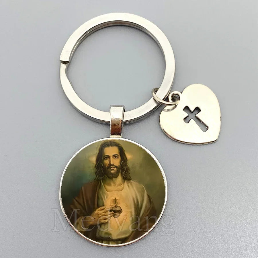 Jesus Sacred Heart Keychain Virgin Mary Glass Dome Key chain Catholic Men's and Women's Jewelry Gifts