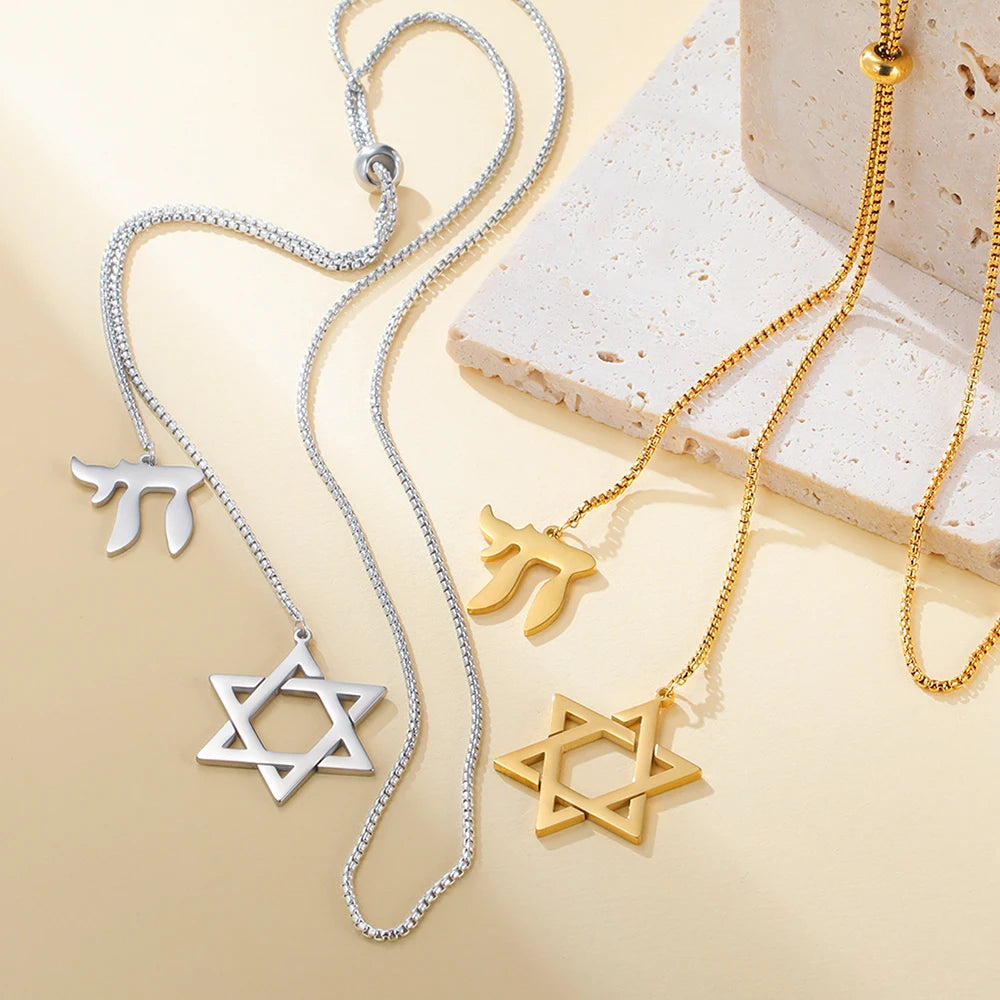 Dawapara Star of David and Jewish Hebrew Chai Pendant Long Necklace Sweater Chain Hexagram Judaism Stainless Steel Jewelry