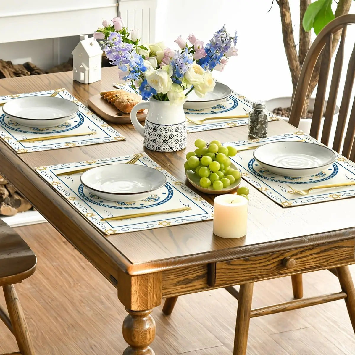 4pcs Passover Linen Placemats Kitchen Table Decor Seder Plate Pesach Matzoh Star of David Jewish Party Placemats Passover Decor