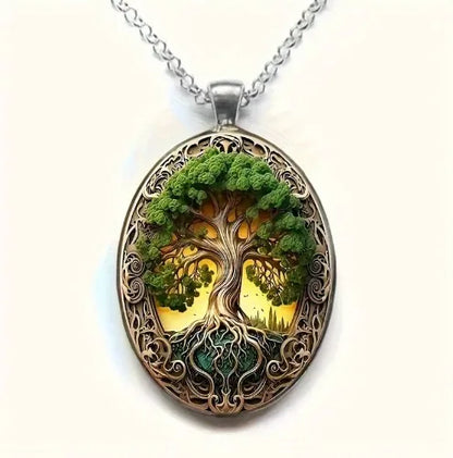 New Fashionable and Elegant Tree of Life Pattern Elliptical Glass Alloy Pendant Necklace Jewelry Wholesale