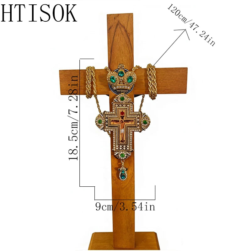 New Premium Green Gemstone Gold Orthodox Clergy Cross Necklace Pectoral Crucifix Pendant for Church Ceremony and Sacred Blessing