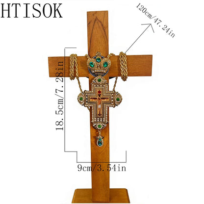 New Premium Green Gemstone Gold Orthodox Clergy Cross Necklace Pectoral Crucifix Pendant for Church Ceremony and Sacred Blessing