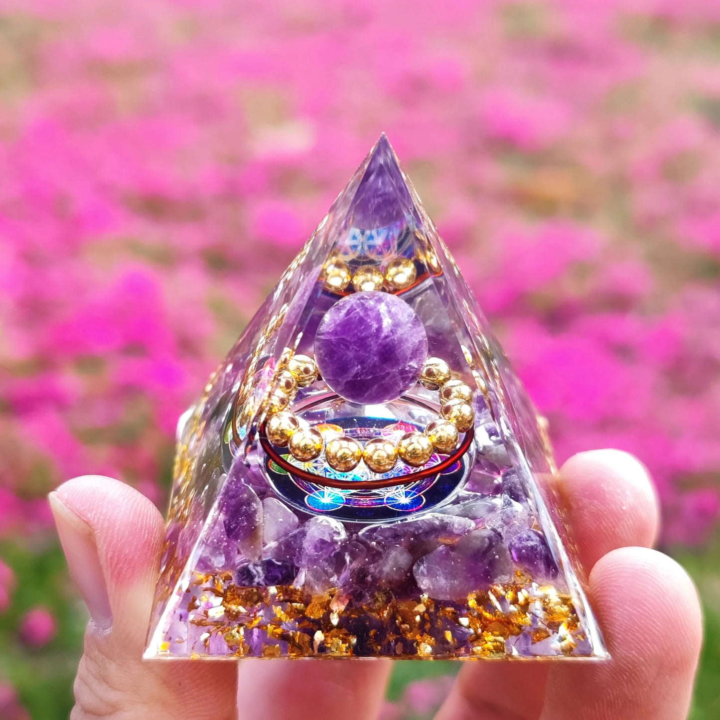 Energy Pyramid Orgonite Reiki Natural Amethyst Ball Healing Crystals Chakra Tool Ornaments Resin Stones Craft Kids Gift Pyramid