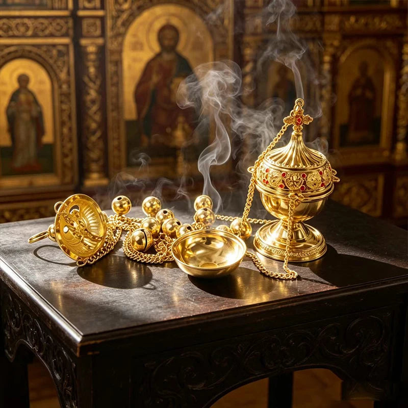 Byzantine Gold Plated Orthodox Hanging Incense Burner with Bells Enamel for Church Liturgy Home Altar Prayer Christian Decor