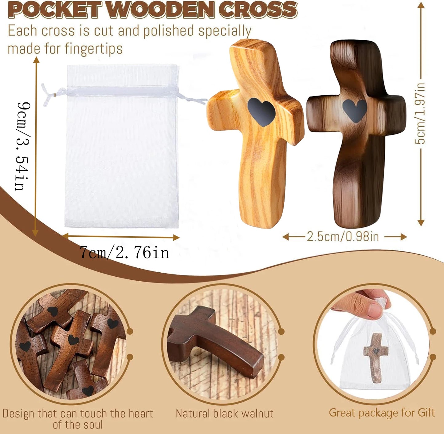 20-100Pcs Wooden Cross Fidget with Organza Bags Prayer Cross for Hand Handmade Pocket Wood Crosses Christian Encouragement Gift