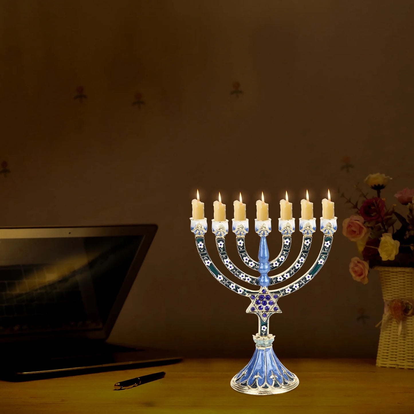 Holder Centerpiece Christmas Decorations Hanukkah Holdersticks Blue Jewish Menorah
