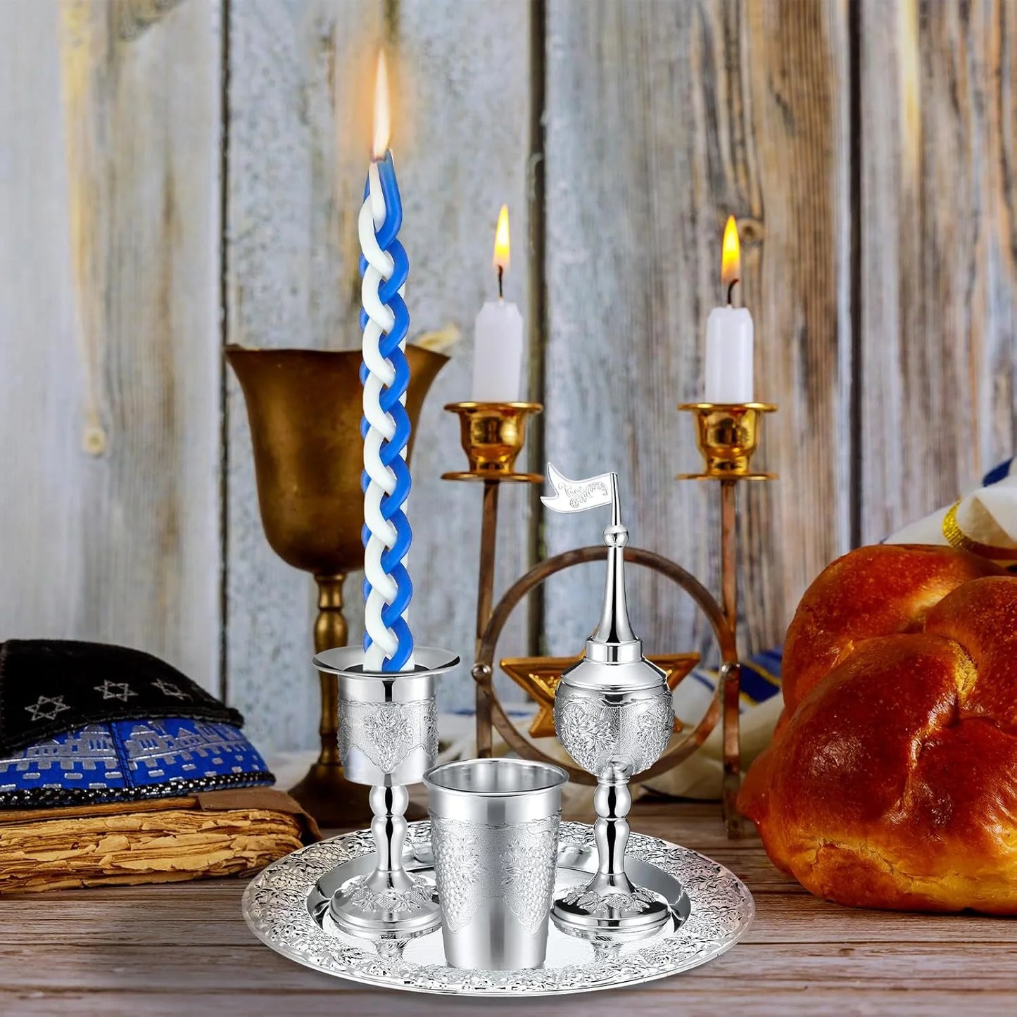 4 Pcs Shabbat Havdalah Set Grape Theme Wine Goblet Kiddush Tray Candle Holder Besamim Spice Box for the End of the Sabbath