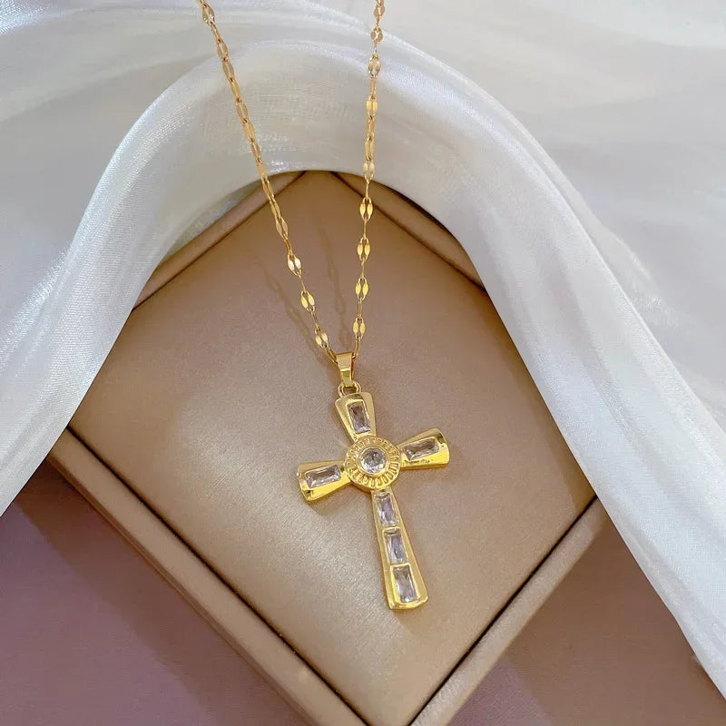 Exquisite Gold Color Stainless Steel Inlaid Crystal Cross Pendant Necklace for Women Men Luxury Full of Zircon Chokers Jewelry