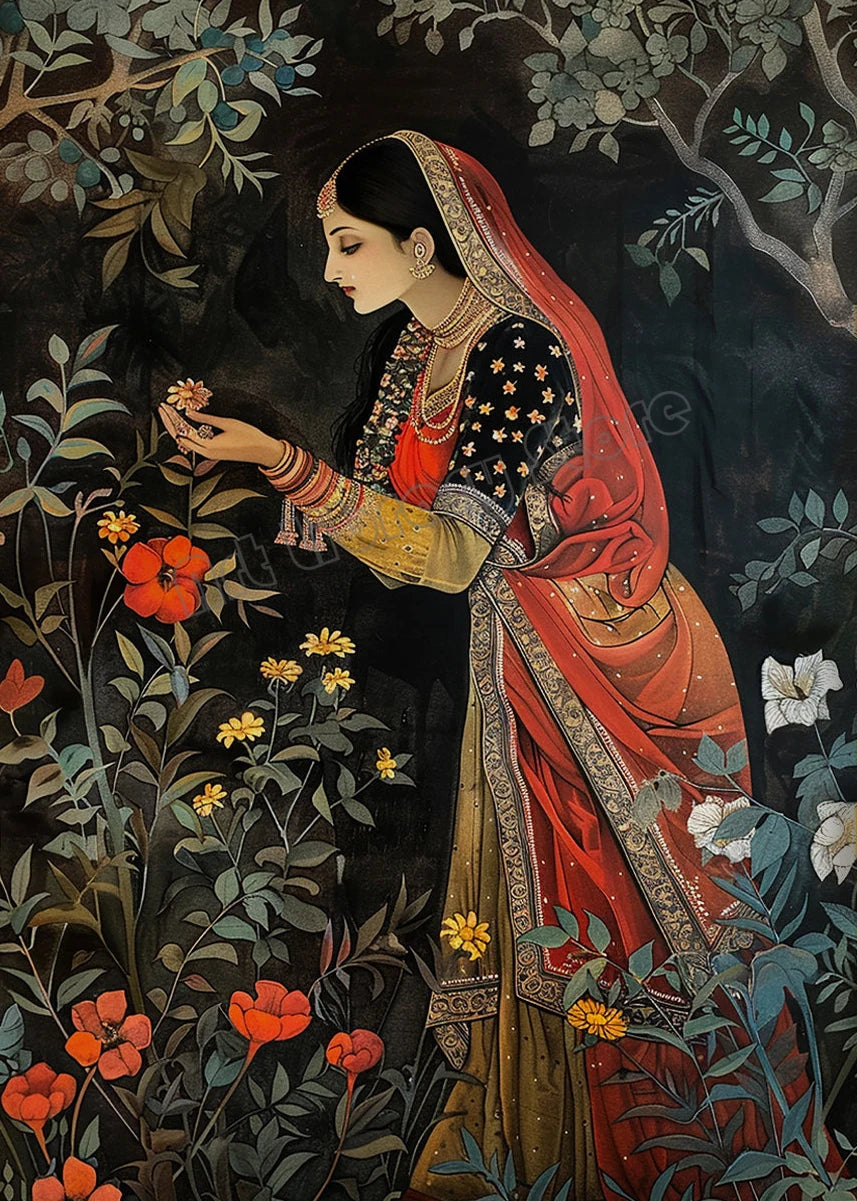 Retro Traditional Indian Woman Lady in The Garden Animals Pattern Poster Canvas Painting Wall Art Pictures Home Interior Decor