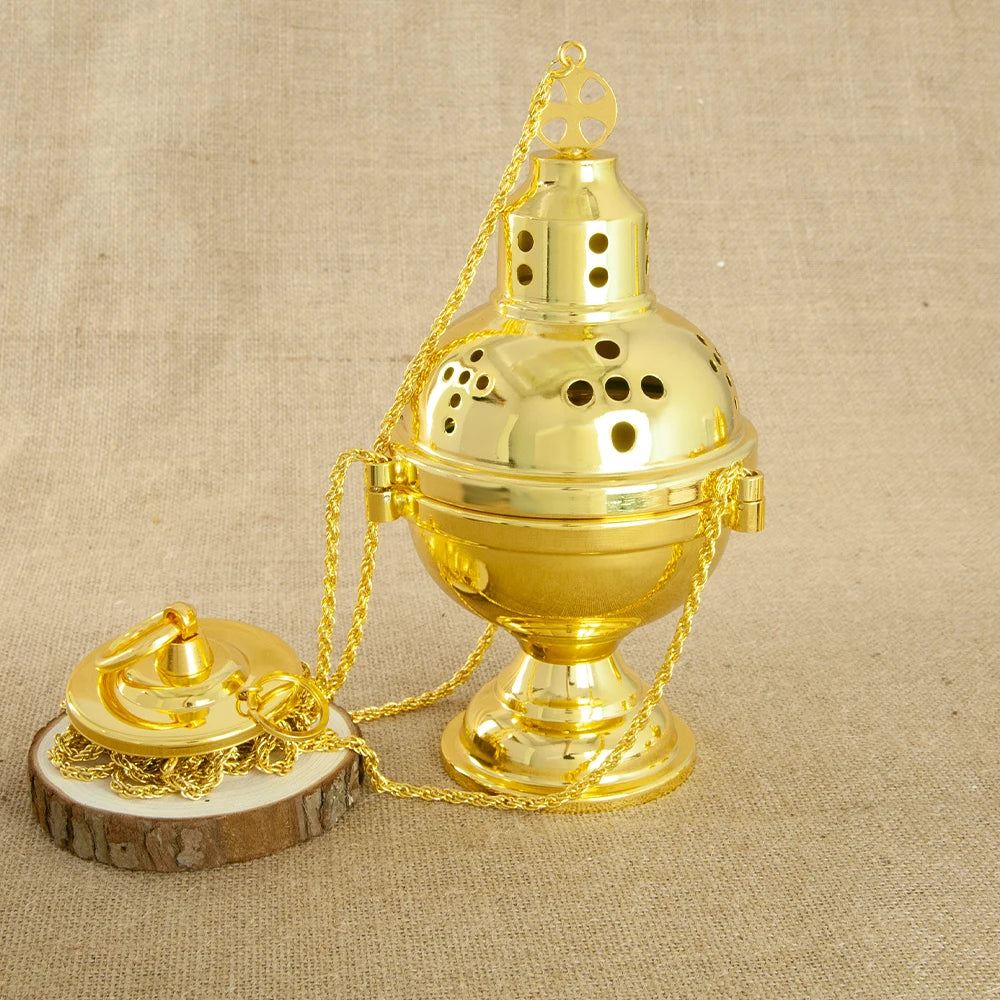 HTISOK Church Supplier High Polished Gold Plated Hanging Incense Burner Orthodox Censer Church Home Decoration Catholic Chalice