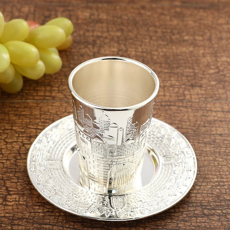 Silver Plated Kiddush Cup Nickel Plated Wine Cup with Saucer Jewish Shabbos Goblet Passover for Havdalah Passover Gift