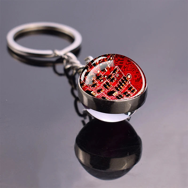 Circuit Board Pattern Keychains Double Sided Glass Ball Pendant Key Chains Computer Geek Keyring Creative Fashion Jewelry Gifts