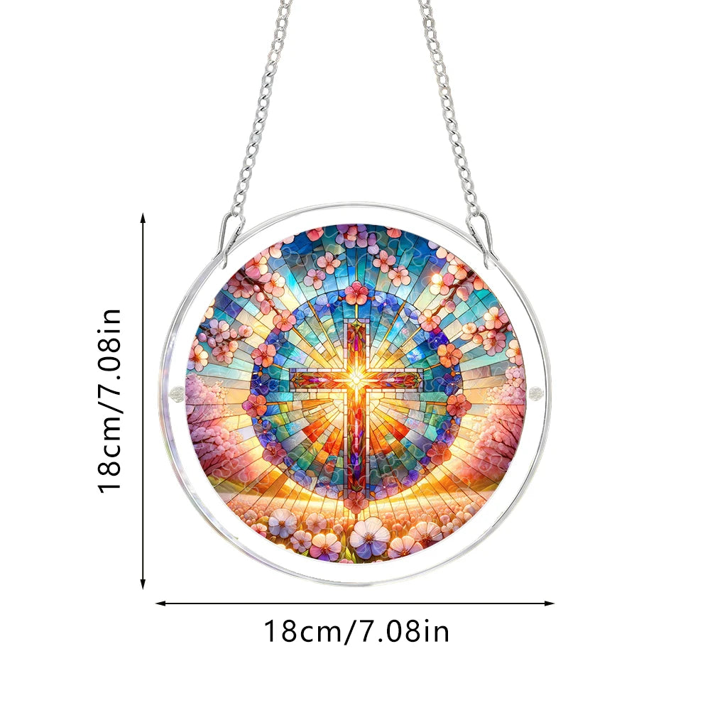 Stained Glass Cross with Flowers Acrylic Puzzle Suncatcher, 18cm/20cm Round Window Hanging