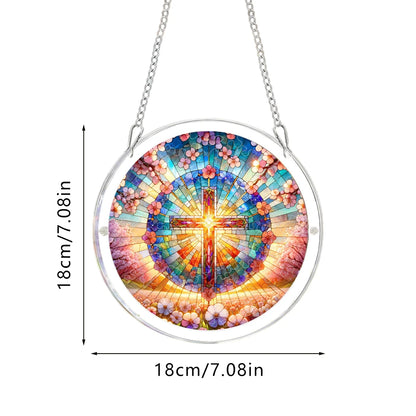 Stained Glass Cross with Flowers Acrylic Puzzle Suncatcher, 18cm/20cm Round Window Hanging