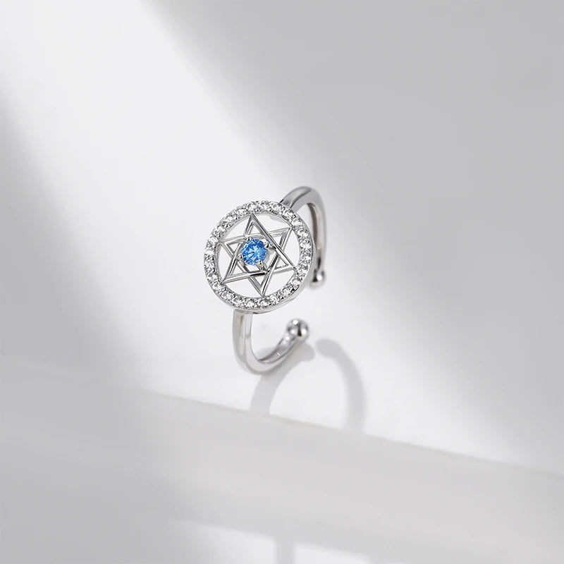Trumium Jewish Star of David Rings for Women 925 Sterling Silver Blue Zirconia Open Finger Ring Protection Amulet Jewelry Gifts