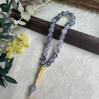 10mm Large Flower Beads 33pcs Glass Prayer Beads Muslim Tasbih Golden Tassel Handmade Rhombus Shape Retro Style Jewelry