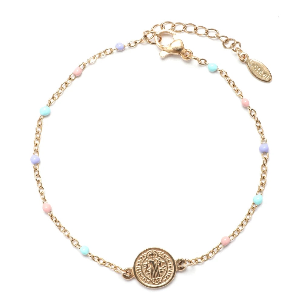 Coin Charm Stainless Steel St Benedict Medal Bracelet San Benito Bracelet Adjustable Link Chain Bohemia Bracelet