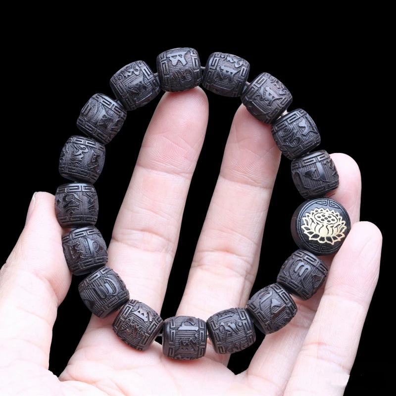 Authentic Natural Ebony Tibetan Six-Character Mantra Tibetan Prayer Wheel Bracelet 15mm Unisex Bracelet
