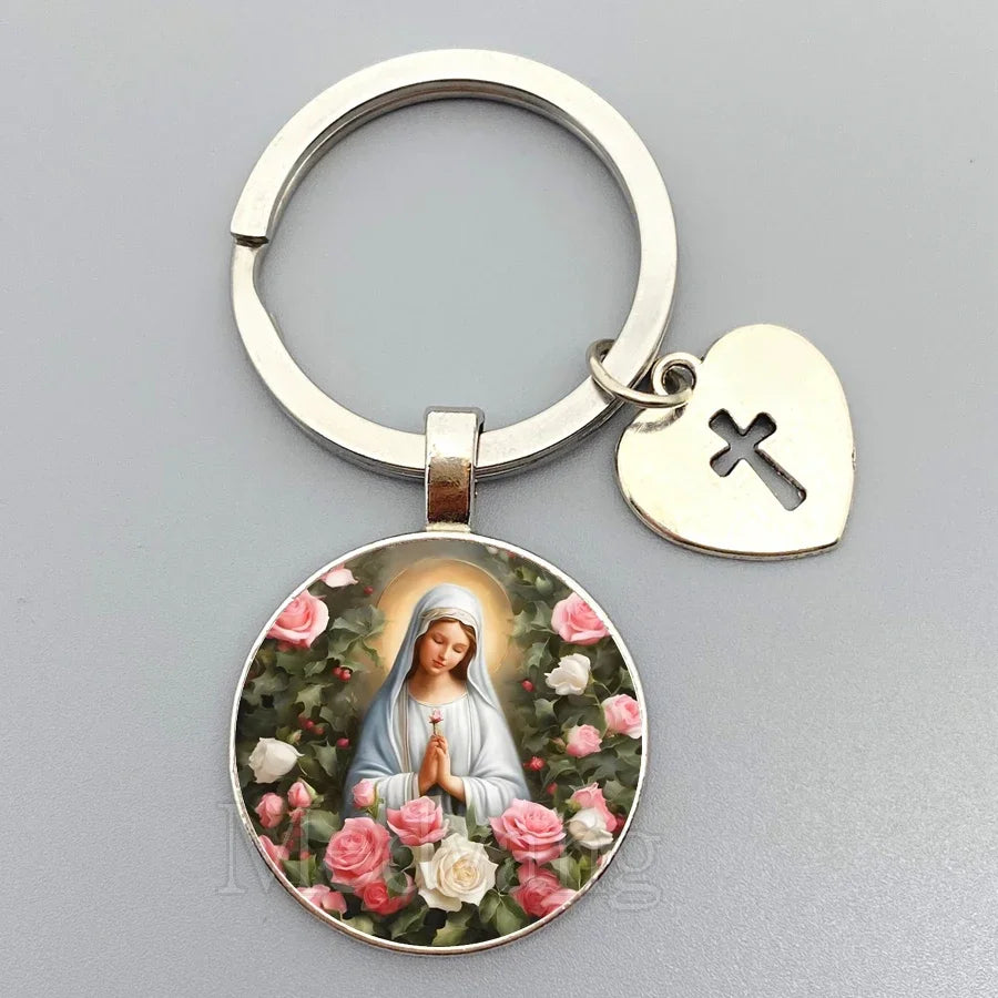 Jesus Sacred Heart Keychain Virgin Mary Glass Dome Key chain Catholic Men's and Women's Jewelry Gifts