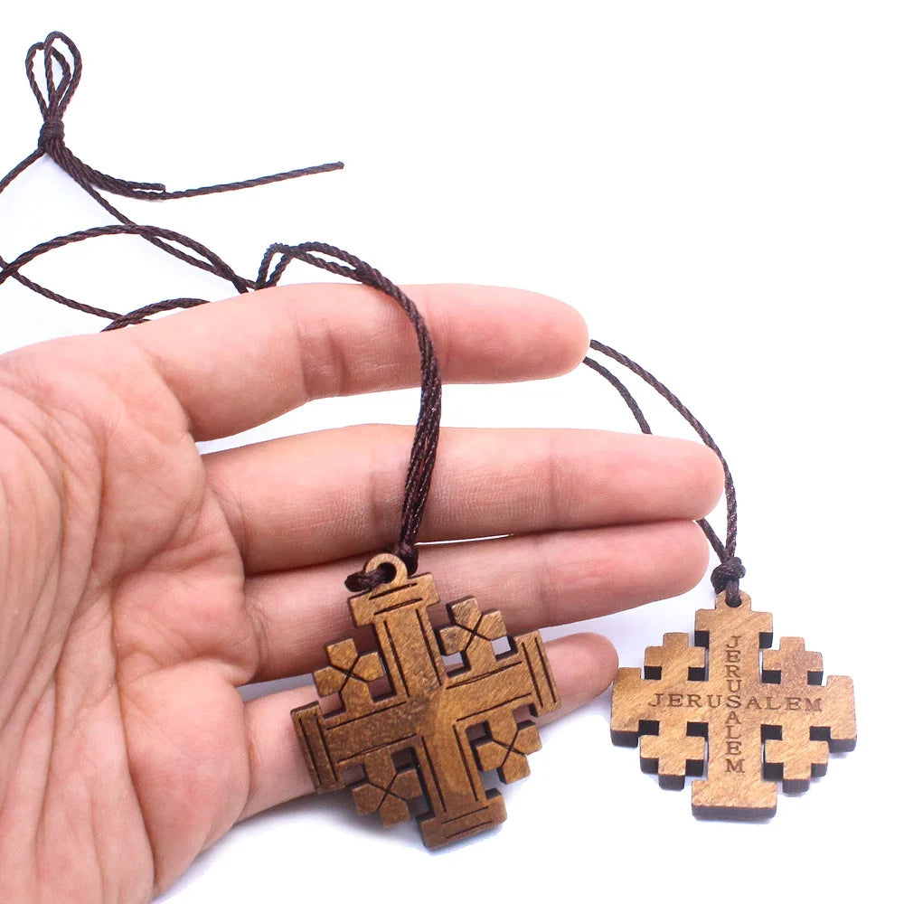 Simple Religious Necklaces Wooden Jerusalem Cross Pendant Necklaces Women Men Christian Religious Prayer Jewelry Accessory Gifts