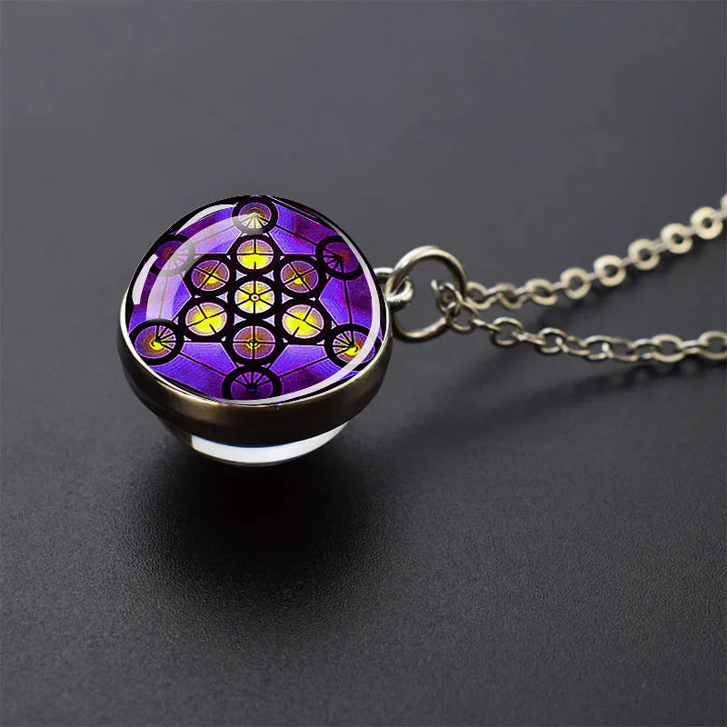 Sacred Geometry-Metatron's Cube Necklaces Sri Yantra Mandala Double Side Glass Ball Pendant Necklace Buddhist Yoga Jewelry Gift