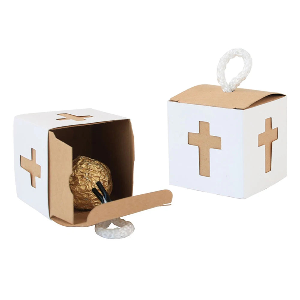 10/20PCS Wooden cross rosary Candy Box boy girl First Holy Communion Baptism Christening rustic wedding Easter gift