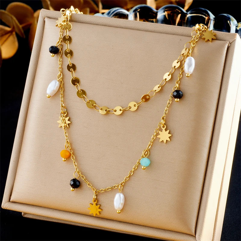 DIEYURO 316L Stainless Steel Geometry Pearl Pentacle Necklace New Delicate Fashion Gold Color Star Pendant Neck Jewelry Gifts