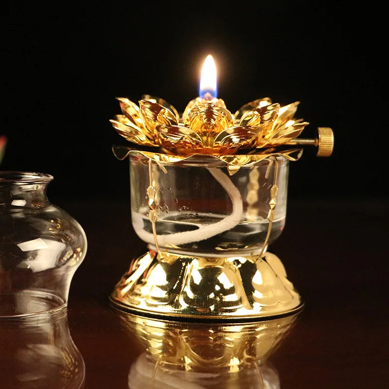 Golden Oil Lamp For Buddhist With Glass Windproof Cover Religious Items Home Alter Prayer Buddha Decoration