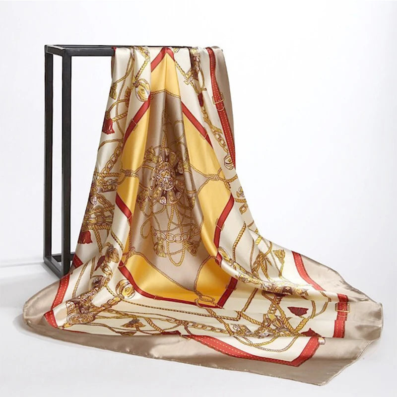 90*90cm Women Square Silk Scarf Luxury Brand Large Shawl Neckerchief Print Headband Female Foulard Bandana Wraps Hijab Scarves