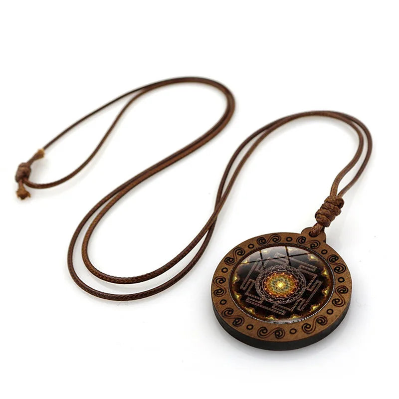 Vintage Archangel Metatron Cube Wooden Necklace Sacred Geometry Hexagram Sri Yantra Amulet Jewelry