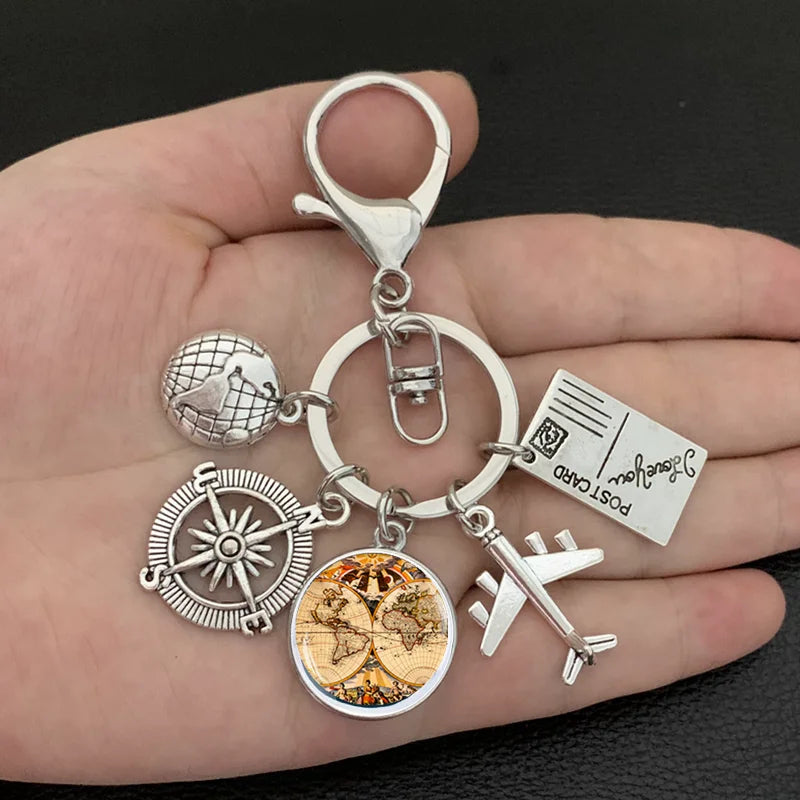 New ideas Earth plane keychain pendant earth compass personality memorial key ring gift for travel lovers