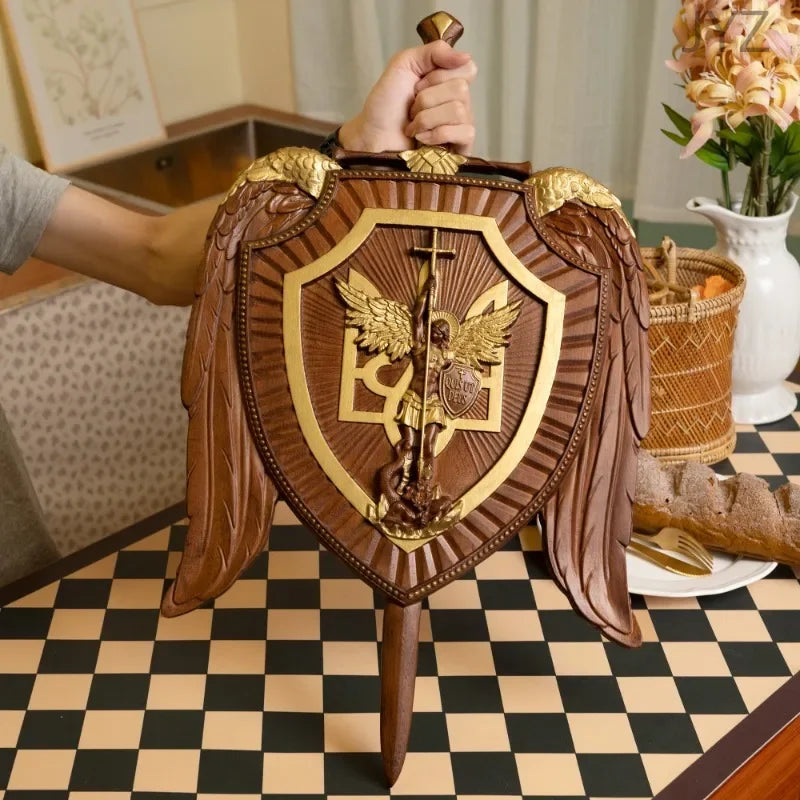 Holy Sword Archangel Michael Shield Wood Carving, Christian Wall Hanging Decoration Wooden Icon Art