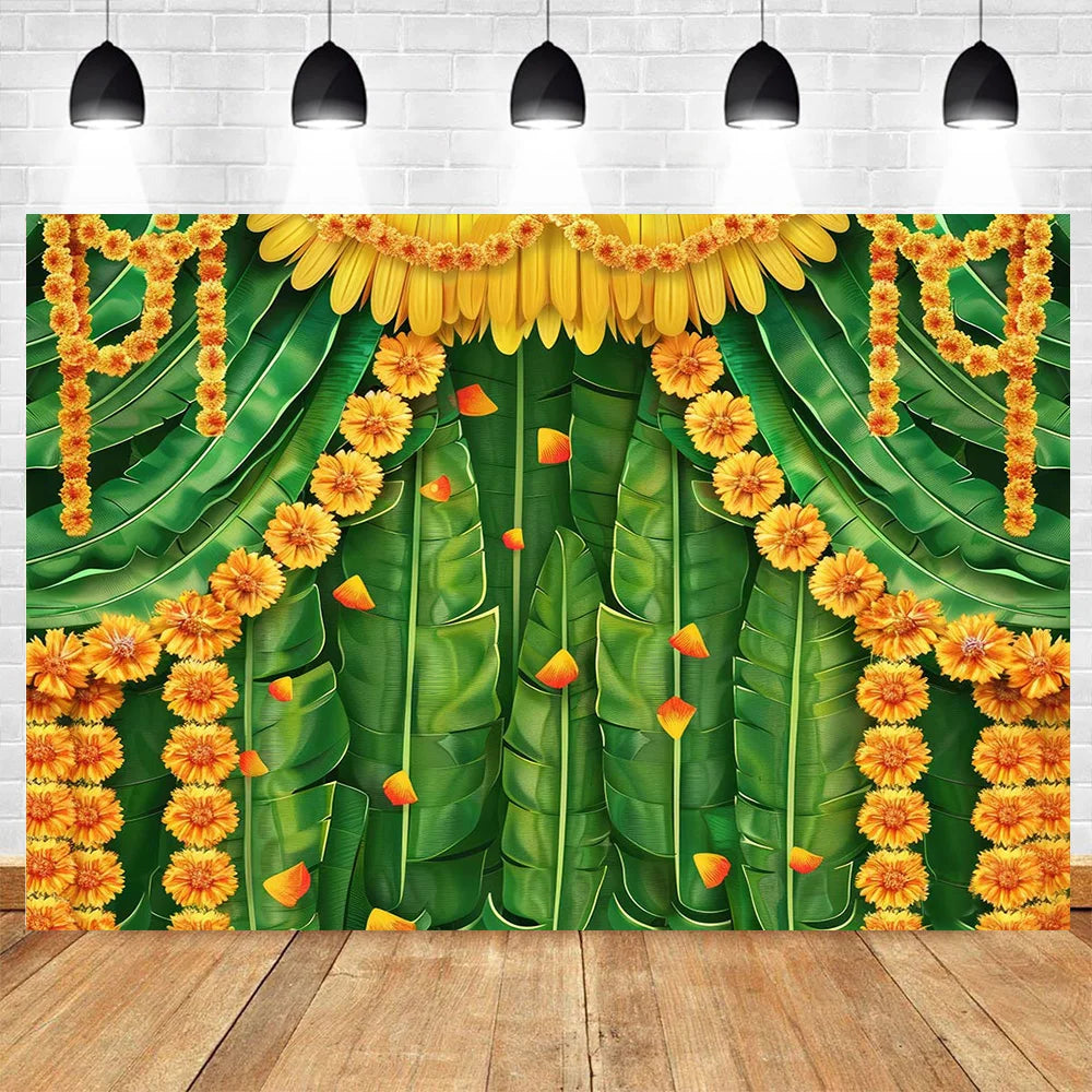 Indian Traditional Photography Background Marigold Green Leaf Hindu Indian Wedding Holi Flowers Garland Anniversary Backdrops