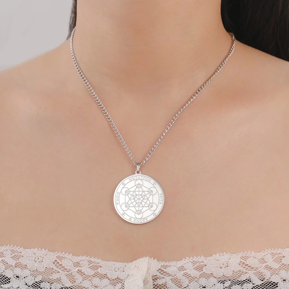 Dawapara Metatron Cube Necklace Stainless Steel Sacred Geometry Archangel Metatron Medal Pendant Protection Talisman
