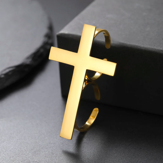 Jeshayuan Two Finger Cross Ring For Men Vintage Big Cross Open Ring Trendy Gothic Gold Silver Color Finger Christian Rings