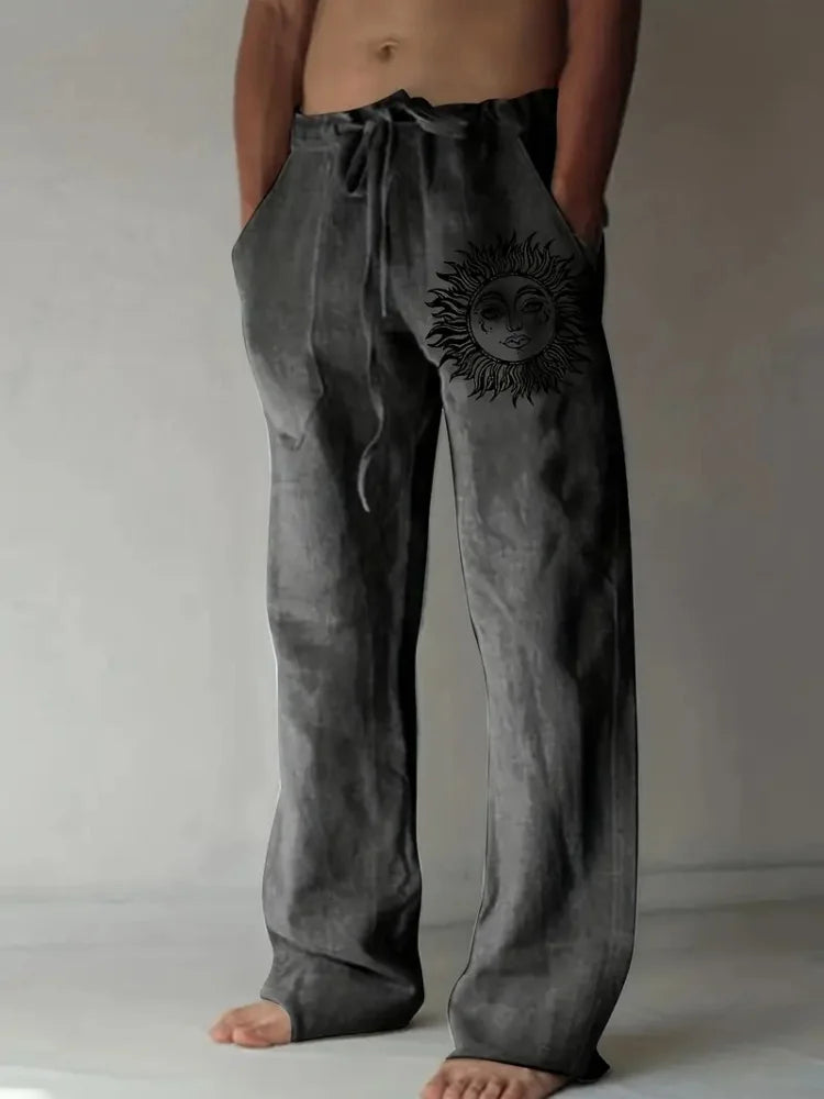 Retro Compass Printed Men's Casual Pants Harajuku Street Trendy Men's Straight Leg Pants Casual High Waisted Drawstring Pants