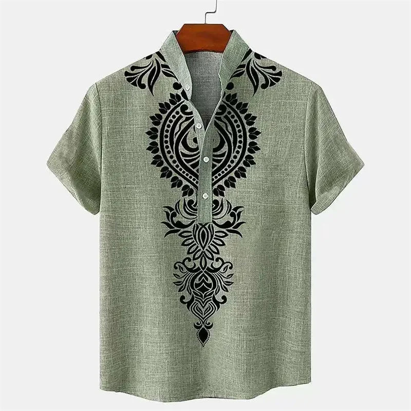 Men's shirt ethnic style 3D printing henley shirt, men's fashion button down collar short sleeve, high quality men's tops