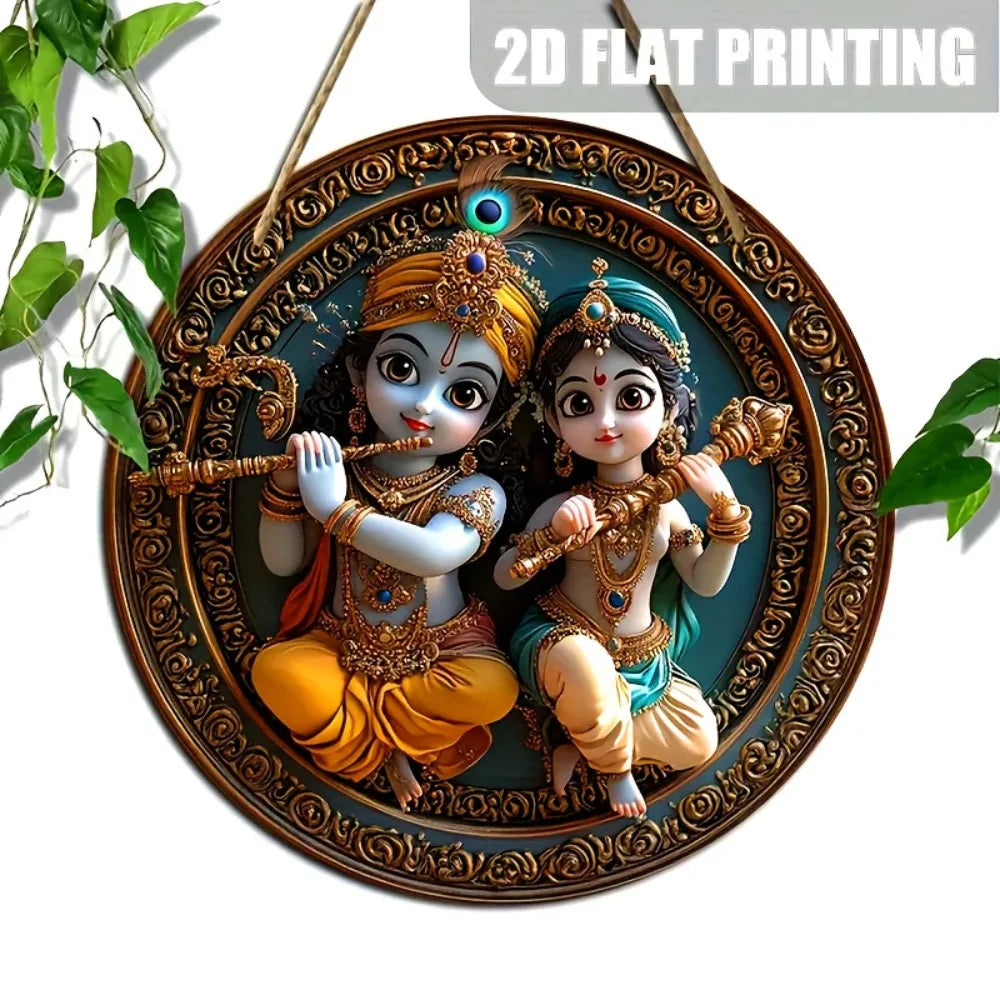 Krisha Creations12 Inch Round Krishna Radha Wooden Wall Hanger Religious Hindu God Gift Spiritual Home Decor for Door Pooja Room