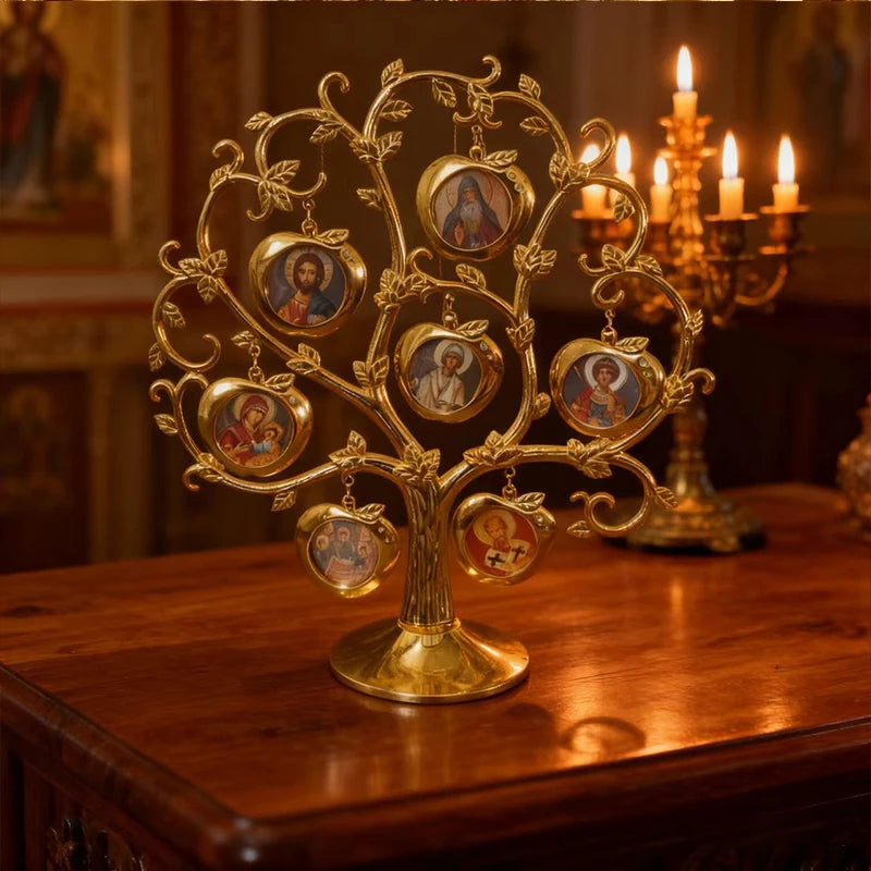 Gold Plated Orthodox Tree of Saints Icon Stand with Saint Icon Pendants for Church Home Altar Religious Devotion Christian Decor