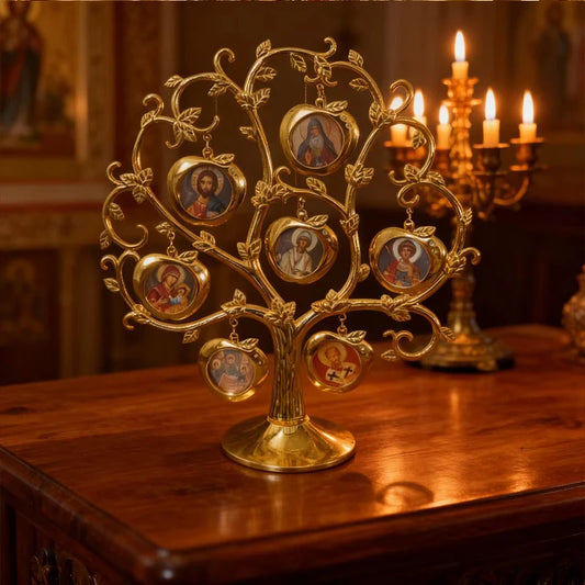 Gold Plated Orthodox Tree of Saints Icon Stand with Saint Icon Pendants for Church Home Altar Religious Devotion Christian Decor