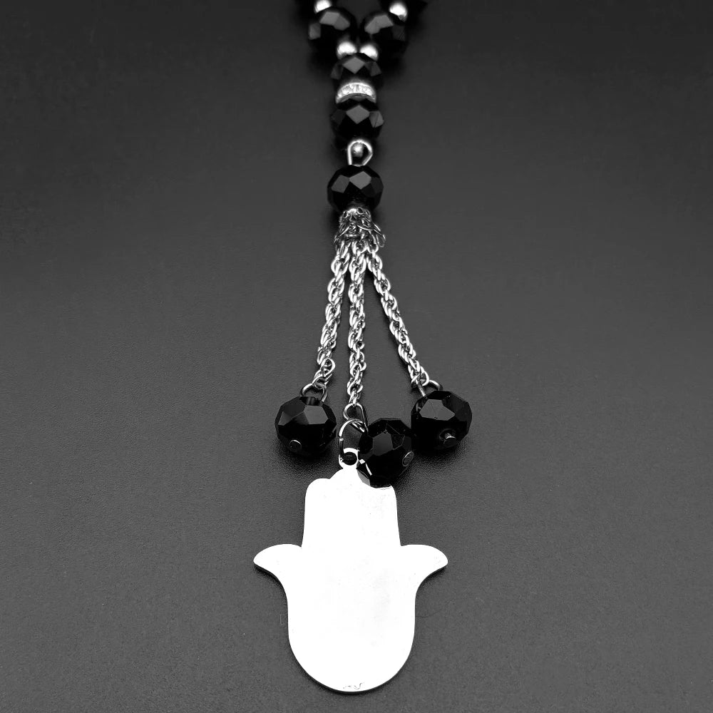 Hamsa Hand of Fatima Stainless Steel Car Pendant for Women Men Fatima´s Hand Turkish Eye Glass Prayer Beads Chain Jewelry Gift