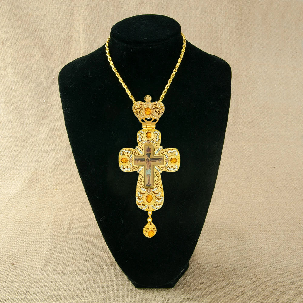 New 7.5" Crown Top Eastern Orthodox Cross Pendant Gold Plated Yellow Gemstones and Rhinestones Luxury Gift Box for Priest Gift