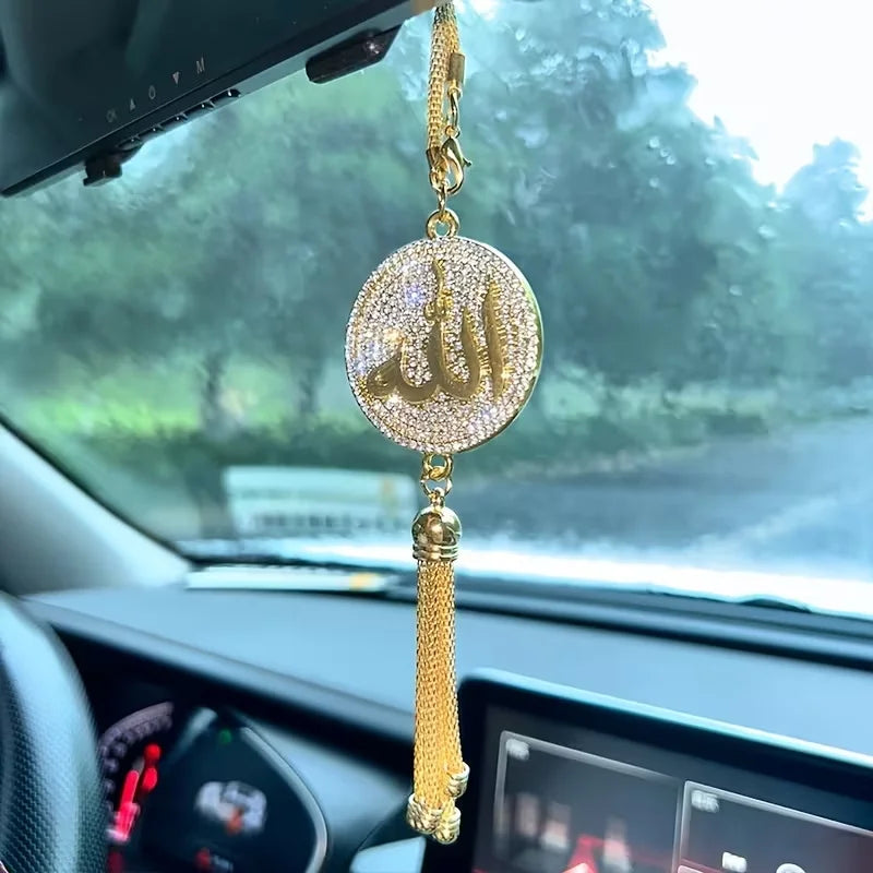 One double-sided diamond-set Islamic scripture car ornament, metal tassel car pendant, high-end model design car ornament