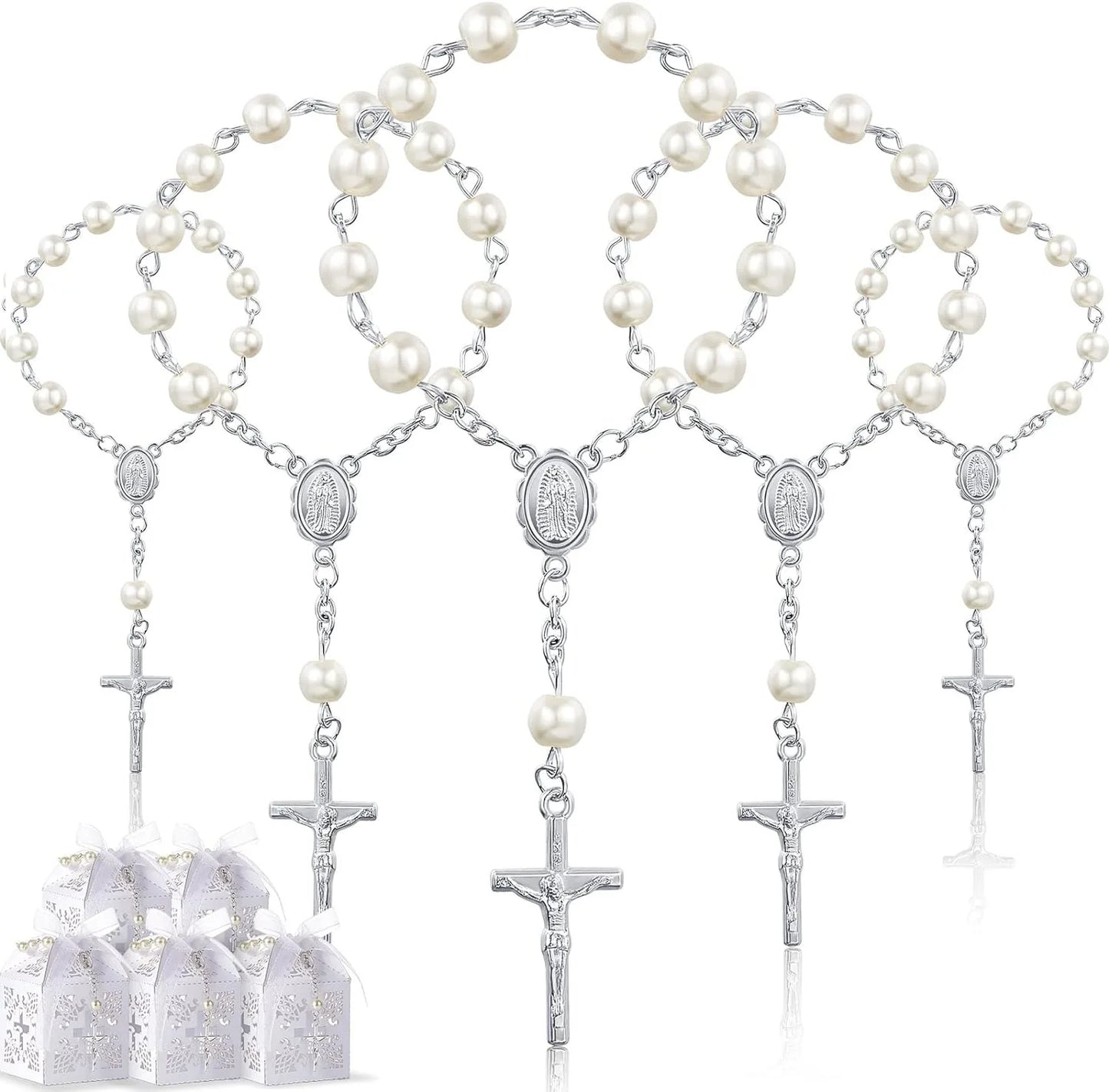 10/20pcs Christening Acrylic Rosary Beads Faux Pearls with Cross Christening Gift Box for Christening Wedding Party Favors
