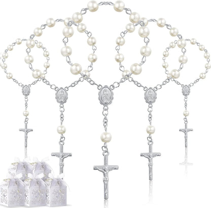 10/20pcs Christening Acrylic Rosary Beads Faux Pearls with Cross Christening Gift Box for Christening Wedding Party Favors