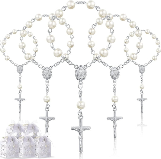 10/20pcs Christening Acrylic Rosary Beads Faux Pearls with Cross Christening Gift Box for Christening Wedding Party Favors